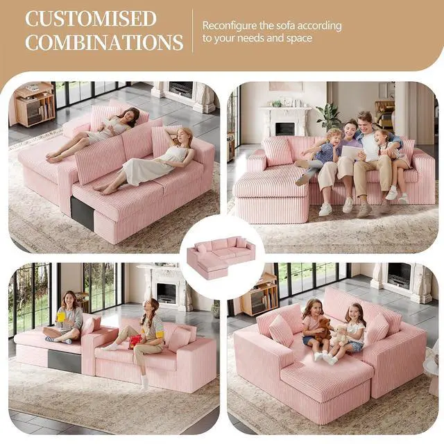 Alt view image 5 of 7 - 105" Boneless Couches for Living Room, Sectional Couches Modular Sofa with L-Shaped Chaise, Memory Foam Comfy Cloud Couch with Plush Corduroy Fabric, No Assembly Required, Pink