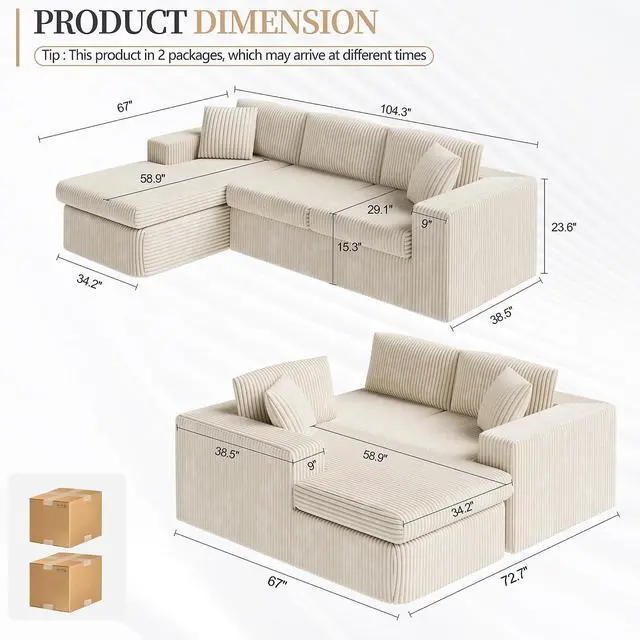 Alt view image 2 of 7 - 105" Boneless Couches for Living Room, Sectional Couches Modular Sofa with L-Shaped Chaise, Memory Foam Comfy Cloud Couch with Plush Corduroy Fabric, No Assembly Required, (Beige)