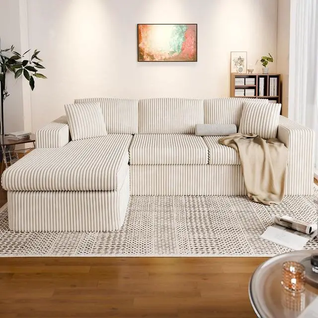 Alt view image 3 of 7 - 105" Boneless Couches for Living Room, Sectional Couches Modular Sofa with L-Shaped Chaise, Memory Foam Comfy Cloud Couch with Plush Corduroy Fabric, No Assembly Required, (Beige)