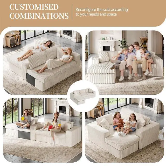Alt view image 4 of 7 - 105" Boneless Couches for Living Room, Sectional Couches Modular Sofa with L-Shaped Chaise, Memory Foam Comfy Cloud Couch with Plush Corduroy Fabric, No Assembly Required, (Beige)