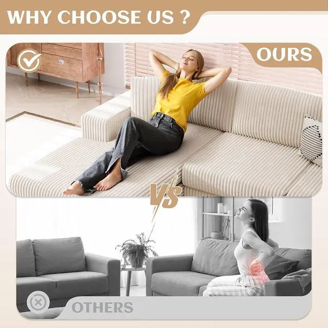 Alt view image 6 of 7 - 105" Boneless Couches for Living Room, Sectional Couches Modular Sofa with L-Shaped Chaise, Memory Foam Comfy Cloud Couch with Plush Corduroy Fabric, No Assembly Required, (Beige)