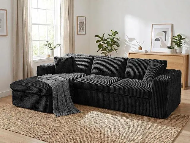 Main image of 105" Boneless Couches for Living Room, Sectional Couches Modular Sofa with L-Shaped Chaise, Memory Foam Comfy Cloud Couch with Plush Corduroy Fabric, No Assembly Required, Black
