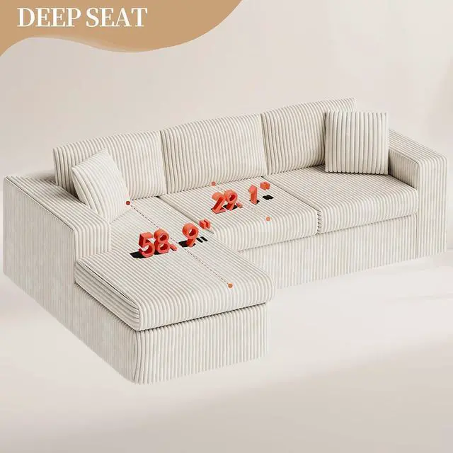 Alt view image 7 of 7 - 105" Boneless Couches for Living Room, Sectional Couches Modular Sofa with L-Shaped Chaise, Memory Foam Comfy Cloud Couch with Plush Corduroy Fabric, No Assembly Required, (Beige)