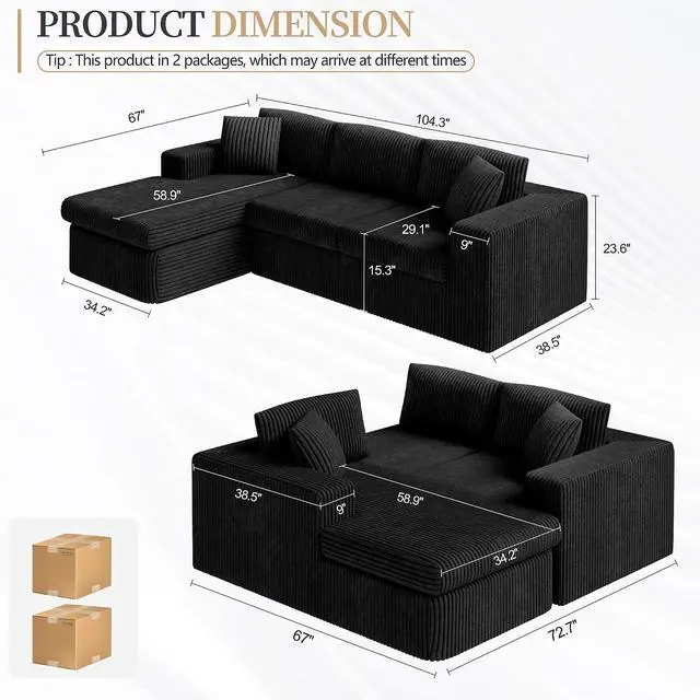 Alt view image 2 of 7 - 105" Boneless Couches for Living Room, Sectional Couches Modular Sofa with L-Shaped Chaise, Memory Foam Comfy Cloud Couch with Plush Corduroy Fabric, No Assembly Required, Black
