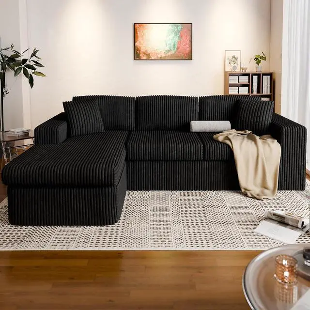 Alt view image 3 of 7 - 105" Boneless Couches for Living Room, Sectional Couches Modular Sofa with L-Shaped Chaise, Memory Foam Comfy Cloud Couch with Plush Corduroy Fabric, No Assembly Required, Black