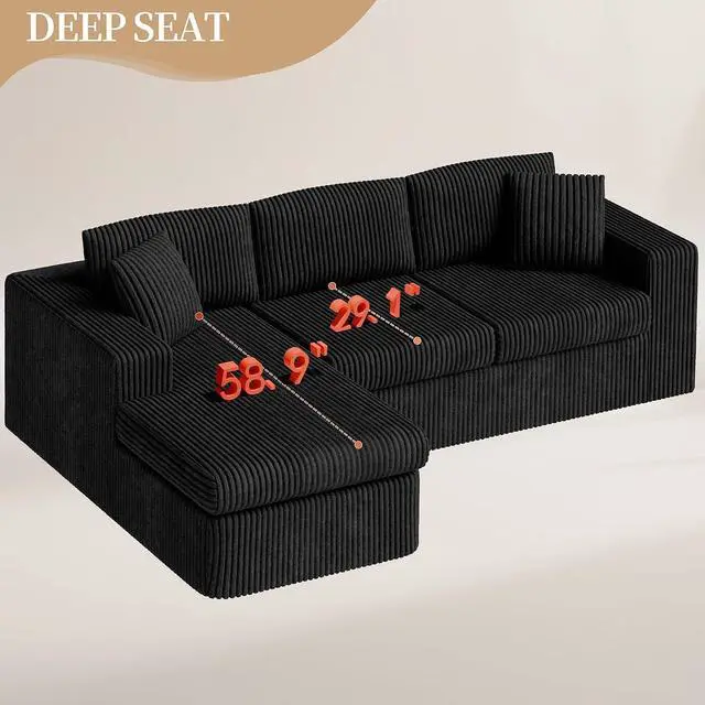 Alt view image 7 of 7 - 105" Boneless Couches for Living Room, Sectional Couches Modular Sofa with L-Shaped Chaise, Memory Foam Comfy Cloud Couch with Plush Corduroy Fabric, No Assembly Required, Black