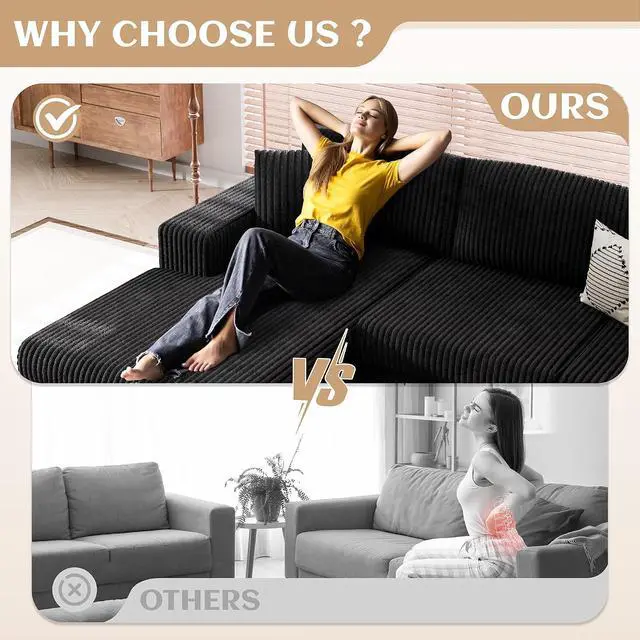 Alt view image 6 of 7 - 105" Boneless Couches for Living Room, Sectional Couches Modular Sofa with L-Shaped Chaise, Memory Foam Comfy Cloud Couch with Plush Corduroy Fabric, No Assembly Required, Black