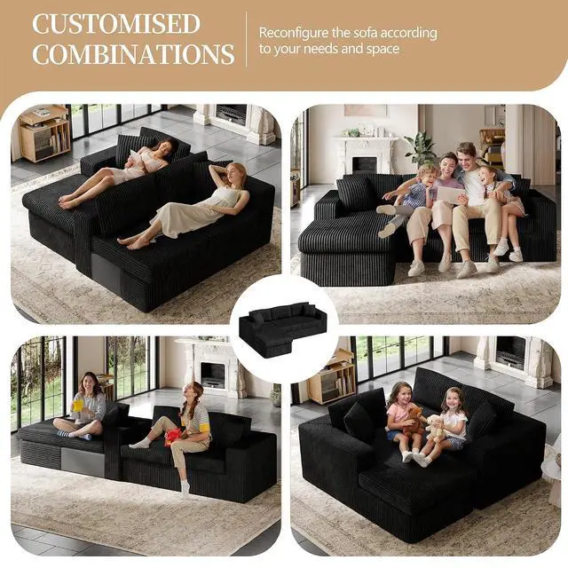 Alt view image 5 of 7 - 105" Boneless Couches for Living Room, Sectional Couches Modular Sofa with L-Shaped Chaise, Memory Foam Comfy Cloud Couch with Plush Corduroy Fabric, No Assembly Required, Black