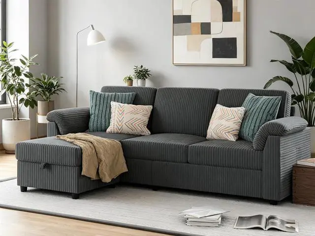 Main image of 79" Convertible Sectional Sofa Couch, 3 Seat L Shaped Sofa with Ottoman Corduroy Fabric Small Couch Mid Century for Living Room, Apartment and Office (Gray)