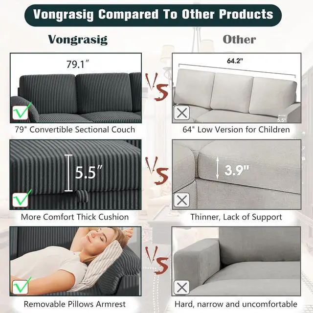 Alt view image 6 of 7 - 79" Convertible Sectional Couches Sofa with Storage Ottoman, 3 Seat L Shaped Couch with Side Storage Pockage, Small Couches for Living Room, Apartment and Small Space, Grey