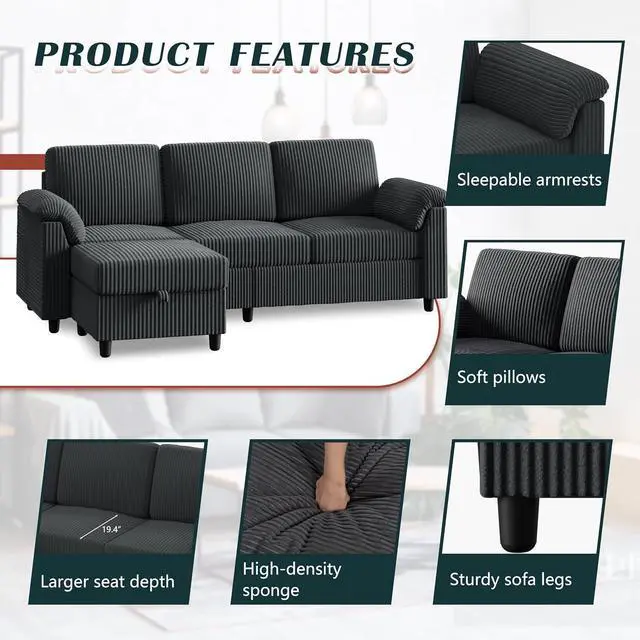 Alt view image 3 of 7 - 79" Convertible Sectional Sofa Couch, 3 Seat L Shaped Sofa with Ottoman Corduroy Fabric Small Couch Mid Century for Living Room, Apartment and Office (Gray)