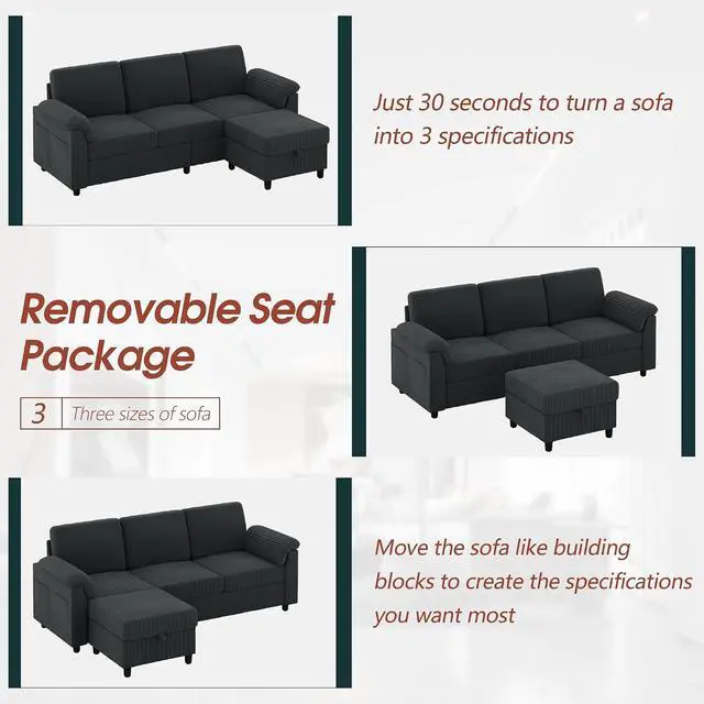 Alt view image 5 of 7 - 79" Convertible Sectional Sofa Couch, 3 Seat L Shaped Sofa with Ottoman Corduroy Fabric Small Couch Mid Century for Living Room, Apartment and Office (Gray)
