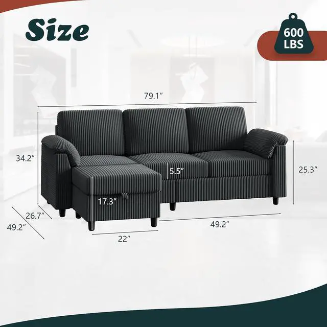 Alt view image 2 of 7 - 79" Convertible Sectional Sofa Couch, 3 Seat L Shaped Sofa with Ottoman Corduroy Fabric Small Couch Mid Century for Living Room, Apartment and Office (Gray)
