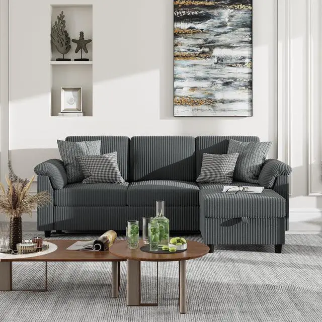 Alt view image 7 of 7 - 79" Convertible Sectional Sofa Couch, 3 Seat L Shaped Sofa with Ottoman Corduroy Fabric Small Couch Mid Century for Living Room, Apartment and Office (Gray)