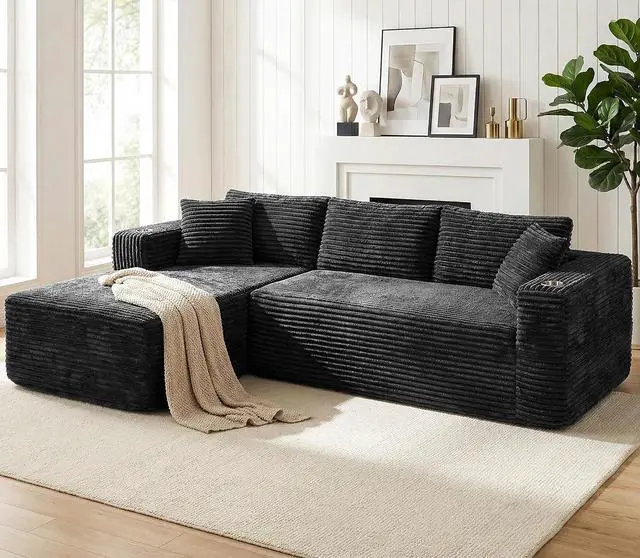 Main image of 103" Boneless Sectional Couches for Living Room, L-Shaped Chaise Modular Cloud Couch with Cup Holders on Armrests, Plush Corduroy Comfy Sofa with Memory Foam, No Assembly Required (Black)
