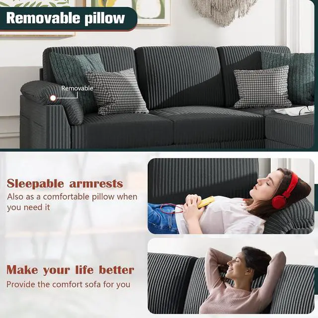 Alt view image 4 of 7 - 79" Convertible Sectional Sofa Couch, 3 Seat L Shaped Sofa with Ottoman Corduroy Fabric Small Couch Mid Century for Living Room, Apartment and Office (Gray)