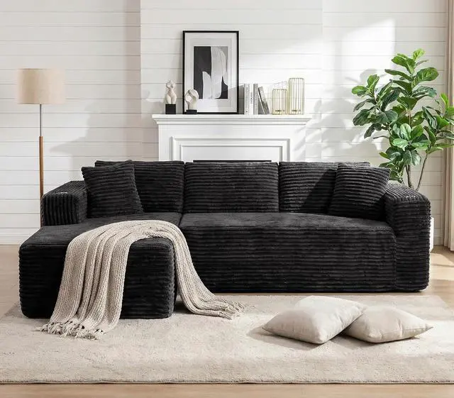 Alt view image 3 of 7 - 103" Boneless Sectional Couches for Living Room, L-Shaped Chaise Modular Cloud Couch with Cup Holders on Armrests, Plush Corduroy Comfy Sofa with Memory Foam, No Assembly Required (Black)