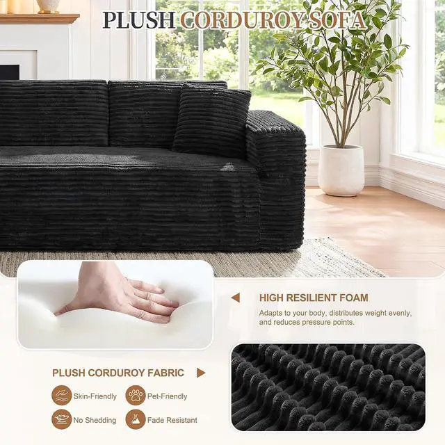 Alt view image 5 of 7 - 103" Boneless Sectional Couches for Living Room, L-Shaped Chaise Modular Cloud Couch with Cup Holders on Armrests, Plush Corduroy Comfy Sofa with Memory Foam, No Assembly Required (Black)