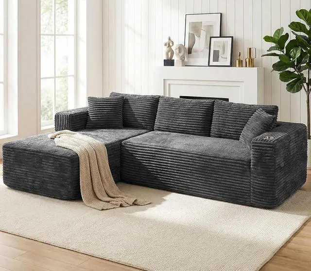 Main image of 103" Boneless Sectional Couches for Living Room, L-Shaped Chaise Modular Cloud Couch with Cup Holders on Armrests, Plush Corduroy Comfy Sofa with Memory Foam, No Assembly Required (Grey)