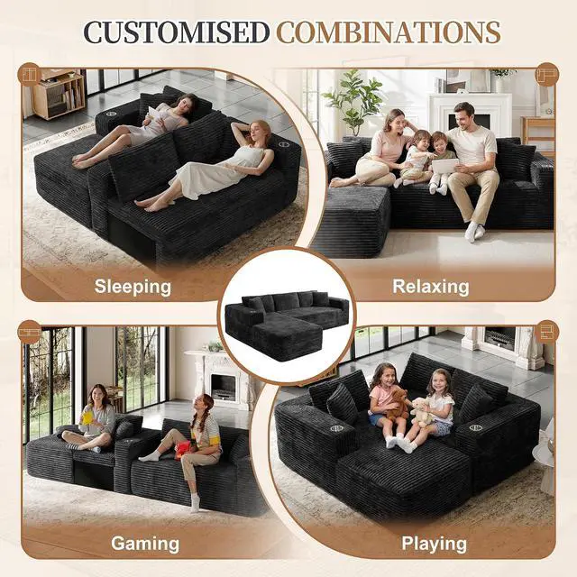 Alt view image 6 of 7 - 103" Boneless Sectional Couches for Living Room, L-Shaped Chaise Modular Cloud Couch with Cup Holders on Armrests, Plush Corduroy Comfy Sofa with Memory Foam, No Assembly Required (Black)