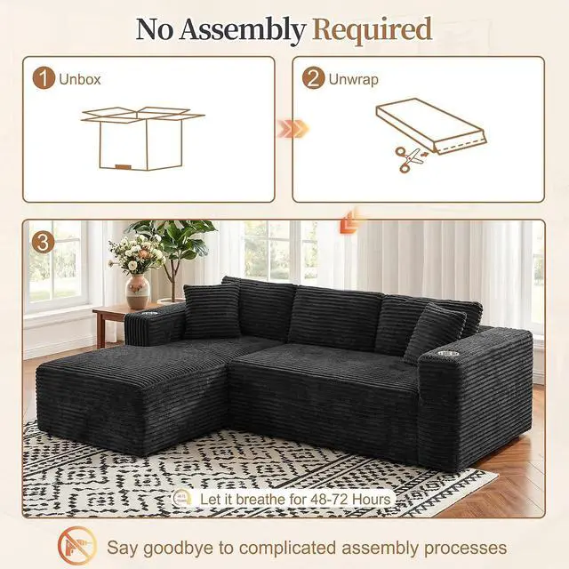 Alt view image 7 of 7 - 103" Boneless Sectional Couches for Living Room, L-Shaped Chaise Modular Cloud Couch with Cup Holders on Armrests, Plush Corduroy Comfy Sofa with Memory Foam, No Assembly Required (Black)