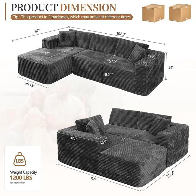 Alt view image 2 of 7 - 103" Boneless Sectional Couches for Living Room, L-Shaped Chaise Modular Cloud Couch with Cup Holders on Armrests, Plush Corduroy Comfy Sofa with Memory Foam, No Assembly Required (Grey)