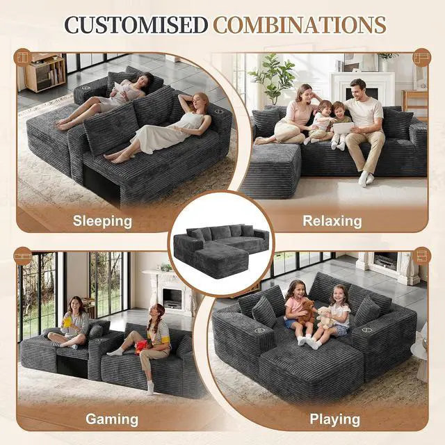 Alt view image 6 of 7 - 103" Boneless Sectional Couches for Living Room, L-Shaped Chaise Modular Cloud Couch with Cup Holders on Armrests, Plush Corduroy Comfy Sofa with Memory Foam, No Assembly Required (Grey)