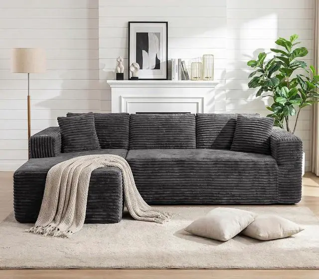 Alt view image 3 of 7 - 103" Boneless Sectional Couches for Living Room, L-Shaped Chaise Modular Cloud Couch with Cup Holders on Armrests, Plush Corduroy Comfy Sofa with Memory Foam, No Assembly Required (Grey)