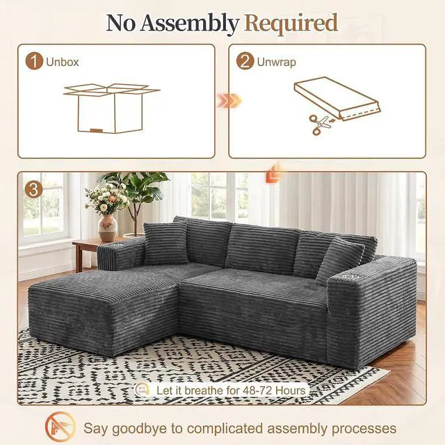 Alt view image 7 of 7 - 103" Boneless Sectional Couches for Living Room, L-Shaped Chaise Modular Cloud Couch with Cup Holders on Armrests, Plush Corduroy Comfy Sofa with Memory Foam, No Assembly Required (Grey)