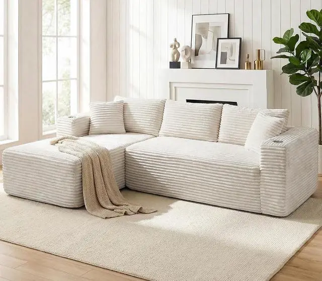Main image of 103" Boneless Sectional Couches for Living Room, L-Shaped Chaise Modular Cloud Couch with Cup Holders on Armrests, Plush Corduroy Comfy Sofa with Memory Foam, No Assembly Required (Beige)