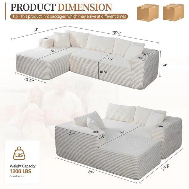 Alt view image 2 of 7 - 103" Boneless Sectional Couches for Living Room, L-Shaped Chaise Modular Cloud Couch with Cup Holders on Armrests, Plush Corduroy Comfy Sofa with Memory Foam, No Assembly Required (Beige)