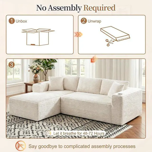 Alt view image 7 of 7 - 103" Boneless Sectional Couches for Living Room, L-Shaped Chaise Modular Cloud Couch with Cup Holders on Armrests, Plush Corduroy Comfy Sofa with Memory Foam, No Assembly Required (Beige)