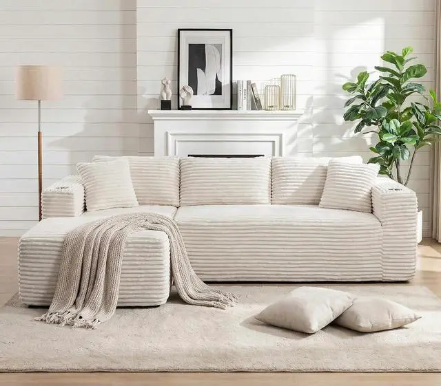 Alt view image 3 of 7 - 103" Boneless Sectional Couches for Living Room, L-Shaped Chaise Modular Cloud Couch with Cup Holders on Armrests, Plush Corduroy Comfy Sofa with Memory Foam, No Assembly Required (Beige)