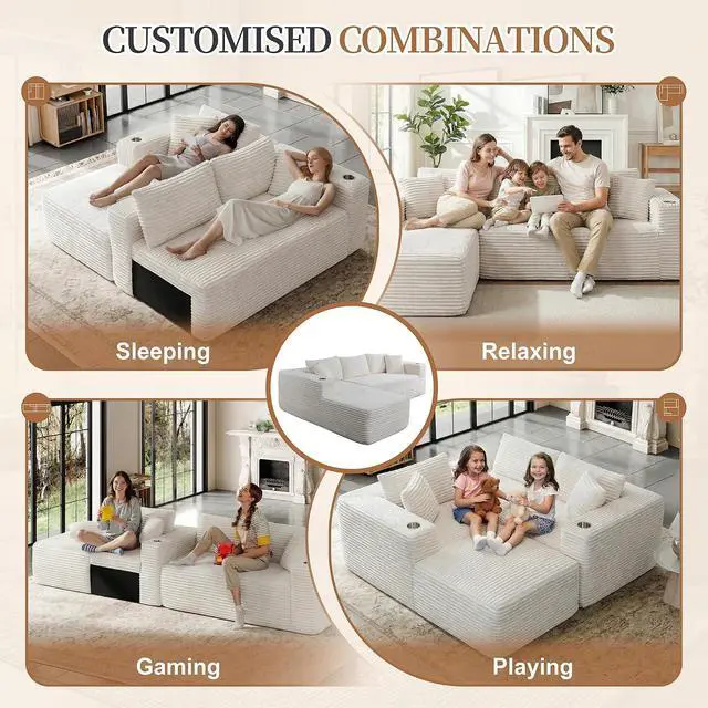Alt view image 6 of 7 - 103" Boneless Sectional Couches for Living Room, L-Shaped Chaise Modular Cloud Couch with Cup Holders on Armrests, Plush Corduroy Comfy Sofa with Memory Foam, No Assembly Required (Beige)