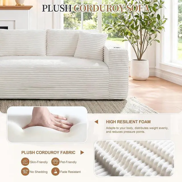 Alt view image 5 of 7 - 103" Boneless Sectional Couches for Living Room, L-Shaped Chaise Modular Cloud Couch with Cup Holders on Armrests, Plush Corduroy Comfy Sofa with Memory Foam, No Assembly Required (Beige)