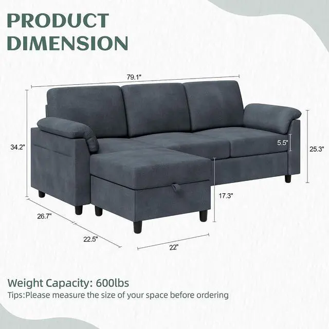 Alt view image 2 of 7 - Convertible Sectional Sofa Couch, 3 Seat L Shaped Sofa with Removable Pillows Linen Fabric Small Couch Mid Century for Living Room, Apartment and Office DG