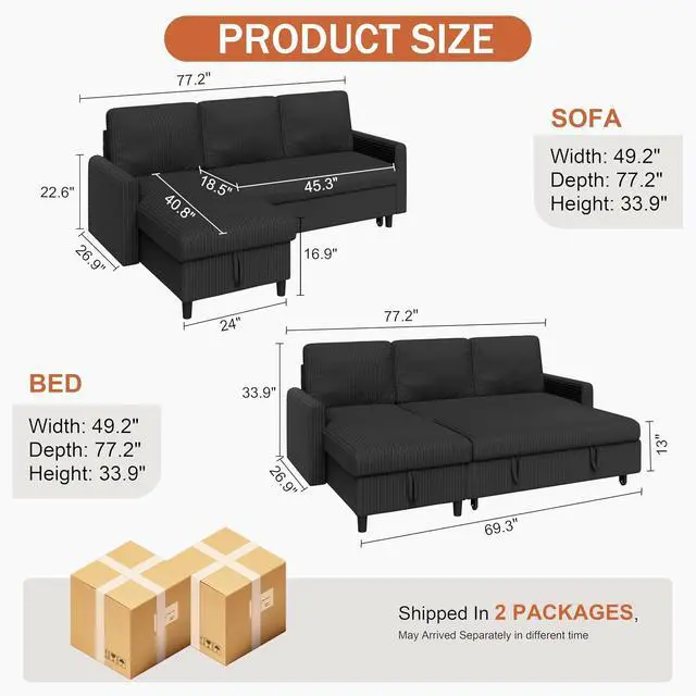 Alt view image 2 of 7 - Convertible Sofa Bed with Storage for Small Space, Black Corduroy | Pull Out Couch with Storage , 77" L-Shaped Sleeper Sofa Bed with Storage Chaise Corduroy Fabric for Living Room, Apartment