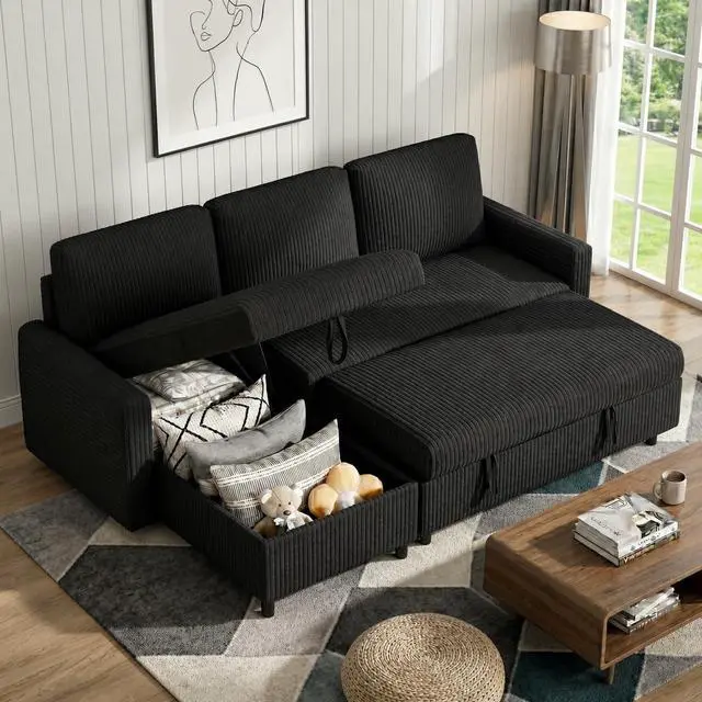 Main image of Pull Out Couch with Storage for Small Space, Black Corduroy | 2 in 1 Small Sofa Bed Sleeper Sofa with Storage, 77" L Shaped Convertible Sofa with Storage Chaise for Living Room, Apartment