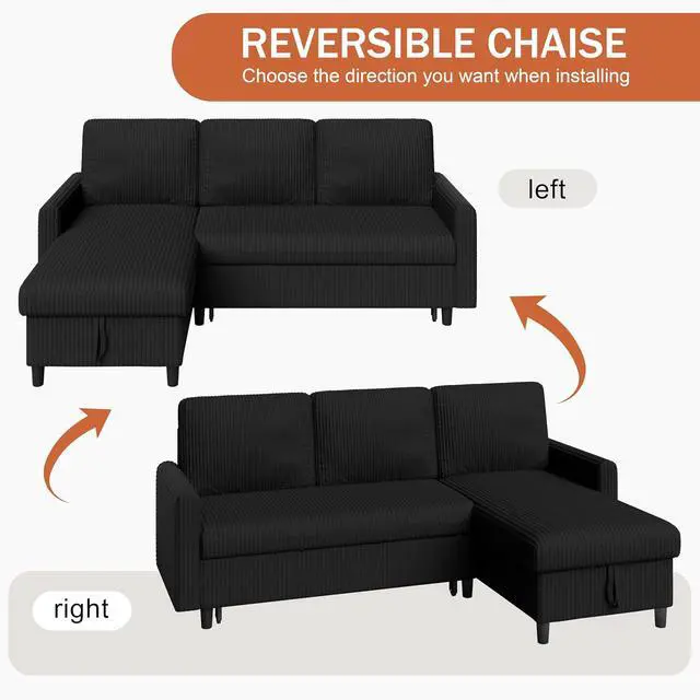 Alt view image 5 of 7 - Convertible Sofa Bed with Storage for Small Space, Black Corduroy | Pull Out Couch with Storage , 77" L-Shaped Sleeper Sofa Bed with Storage Chaise Corduroy Fabric for Living Room, Apartment