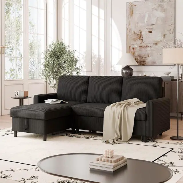 Alt view image 6 of 6 - Pull Out Couch with Storage for Small Space, Black Corduroy | 2 in 1 Small Sofa Bed Sleeper Sofa with Storage, 77" L Shaped Convertible Sofa with Storage Chaise for Living Room, Apartment