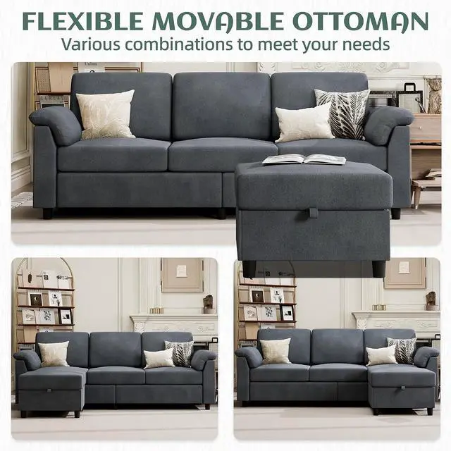 Alt view image 7 of 7 - Convertible Sectional Sofa Couch, 3 Seat L Shaped Sofa with Removable Pillows Linen Fabric Small Couch Mid Century for Living Room, Apartment and Office DG