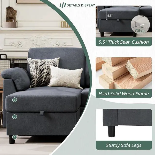 Alt view image 4 of 7 - Convertible Sectional Sofa Couch, 3 Seat L Shaped Sofa with Removable Pillows Linen Fabric Small Couch Mid Century for Living Room, Apartment and Office DG