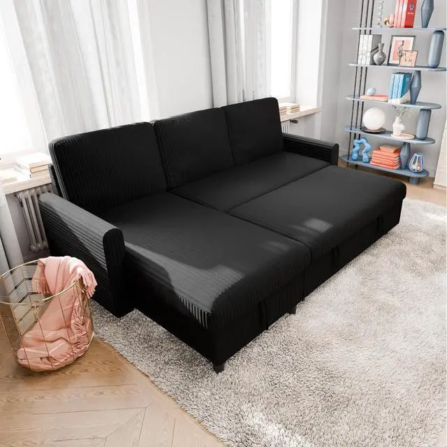 Alt view image 3 of 6 - Pull Out Couch with Storage for Small Space, Black Corduroy | 2 in 1 Small Sofa Bed Sleeper Sofa with Storage, 77" L Shaped Convertible Sofa with Storage Chaise for Living Room, Apartment