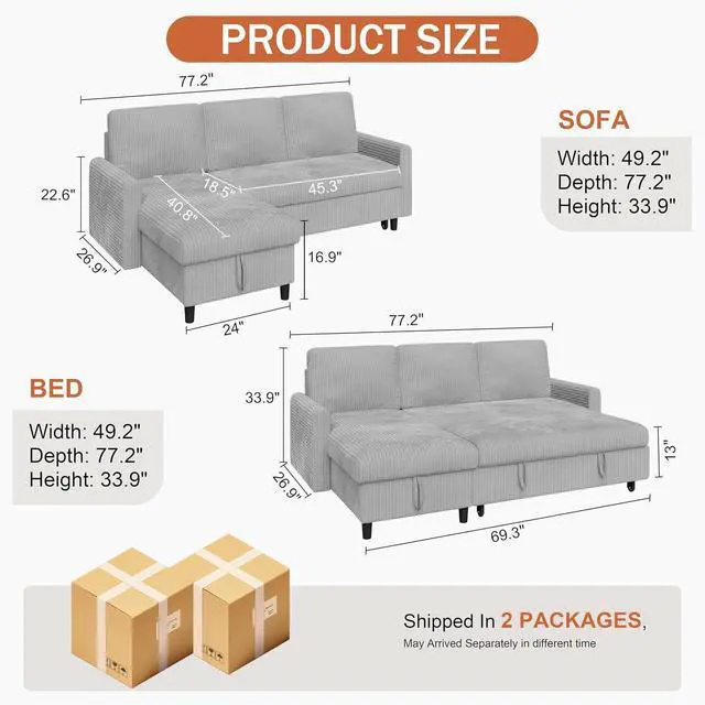 Alt view image 2 of 7 - Pull Out Couch, 2 in 1 Sectional Sleeper Sofa Bed with Storage, 77" L Shaped Convertible Sofa with Storage Chaise Corduroy Fabric for Living Room, Apartment, Light Grey