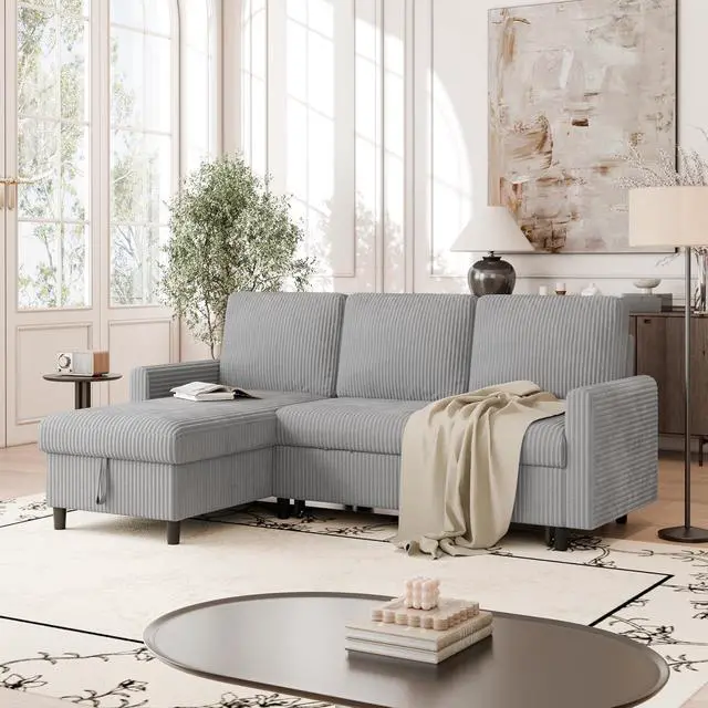 Alt view image 3 of 7 - Pull Out Couch, 2 in 1 Sectional Sleeper Sofa Bed with Storage, 77" L Shaped Convertible Sofa with Storage Chaise Corduroy Fabric for Living Room, Apartment, Light Grey