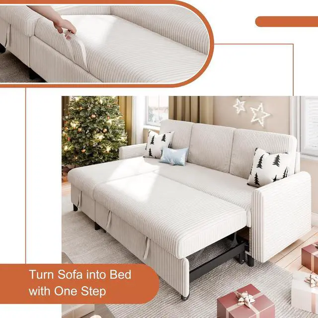 Alt view image 6 of 7 - Pull Out Couch with Storage, 77" Sectional Sleeper Sofa, 2 in 1 L-Shaped Sofa Bed with Storage Chaise Corduroy Fabric for Living Room, Apartment, Small Space, White