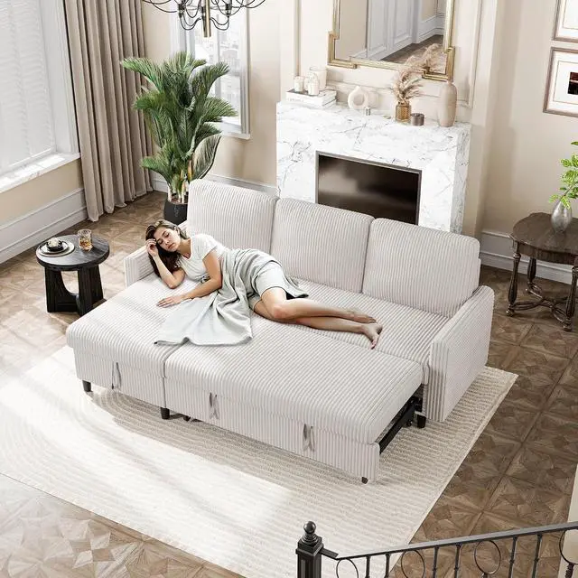 Alt view image 3 of 7 - Pull Out Couch with Storage, 77" Sectional Sleeper Sofa, 2 in 1 L-Shaped Sofa Bed with Storage Chaise Corduroy Fabric for Living Room, Apartment, Small Space, White
