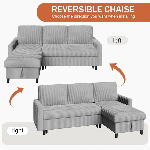Alt view image 4 of 7 - Pull Out Couch, 2 in 1 Sectional Sleeper Sofa Bed with Storage, 77" L Shaped Convertible Sofa with Storage Chaise Corduroy Fabric for Living Room, Apartment, Light Grey