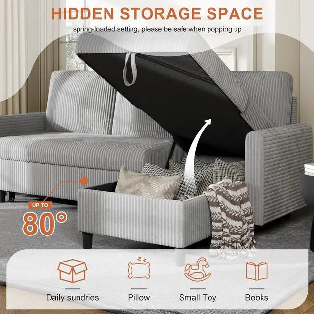 Alt view image 6 of 7 - Pull Out Couch, 2 in 1 Sectional Sleeper Sofa Bed with Storage, 77" L Shaped Convertible Sofa with Storage Chaise Corduroy Fabric for Living Room, Apartment, Light Grey