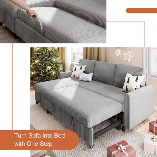 Alt view image 5 of 7 - Pull Out Couch, 2 in 1 Small Sofa Bed Sleeper Sofa with Storage, 77" L Shaped Convertible Sofa with Storage Chaise for Living Room, Apartment, Light Grey